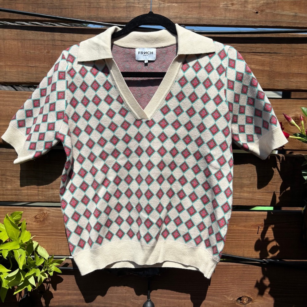 French Paris Knit Polo Shirt Womens Small Cream Diamond Harlequin Retro Top